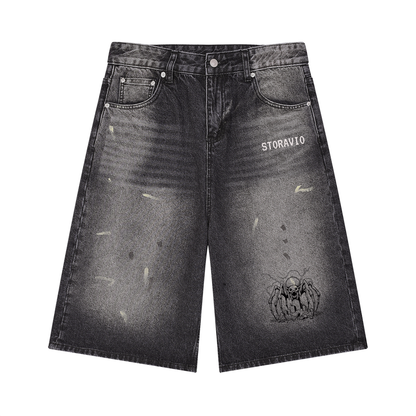 Storavio Men's Vintage Wash Wide Leg Denim Shorts