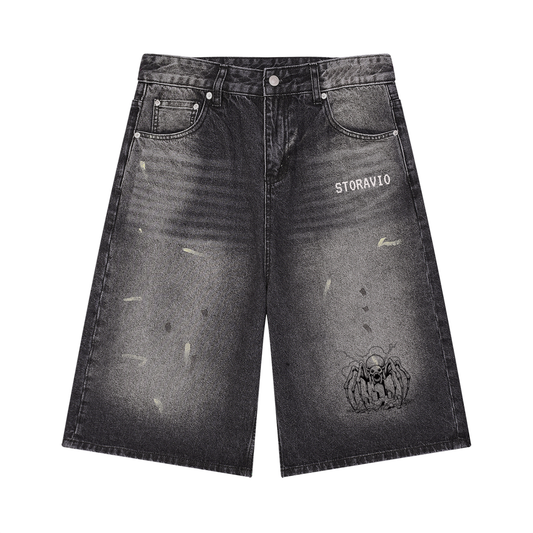 Storavio Men's Vintage Wash Wide Leg Denim Shorts
